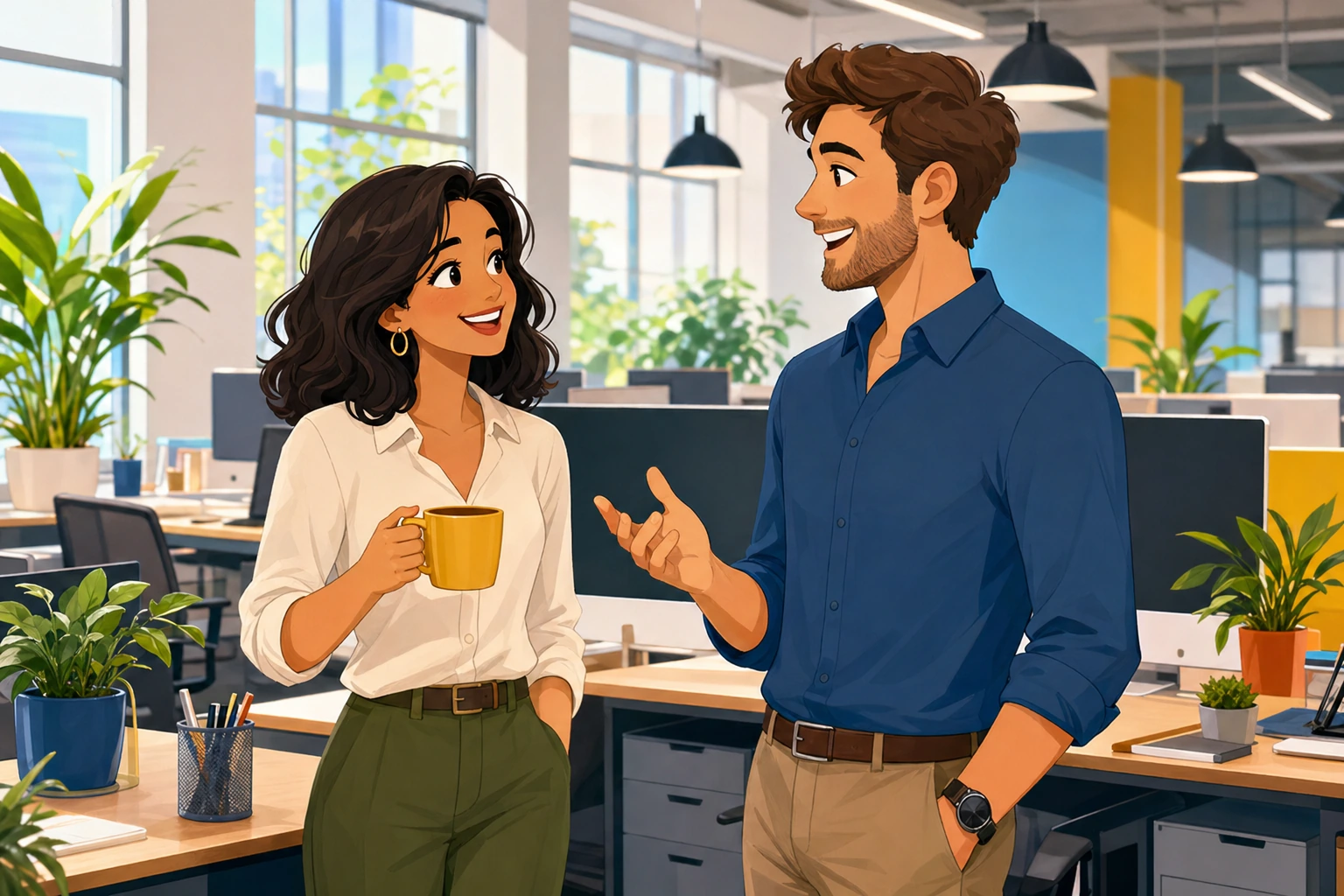 A woman holding a coffee mug smiles at a male coworker beside desks and computers in a bright modern office on a Friday morning.