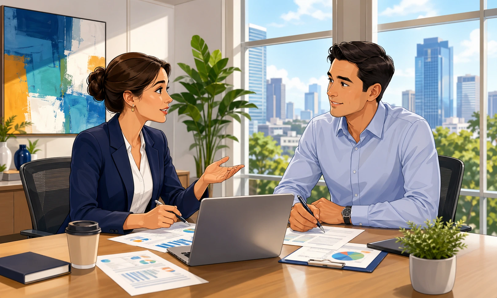 A woman in a navy blazer and a man in a dress shirt sit across a conference table in a bright office, with papers and a laptop between them as they focus on a meeting.