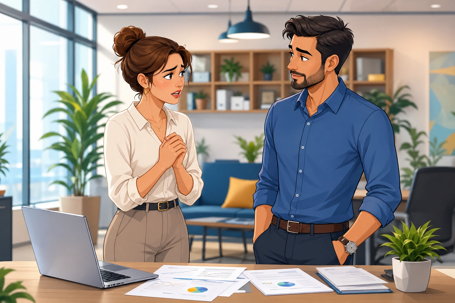 A worried woman and a calm man stand beside a desk in a modern office, with papers and a laptop open as she apologizes and he listens carefully.