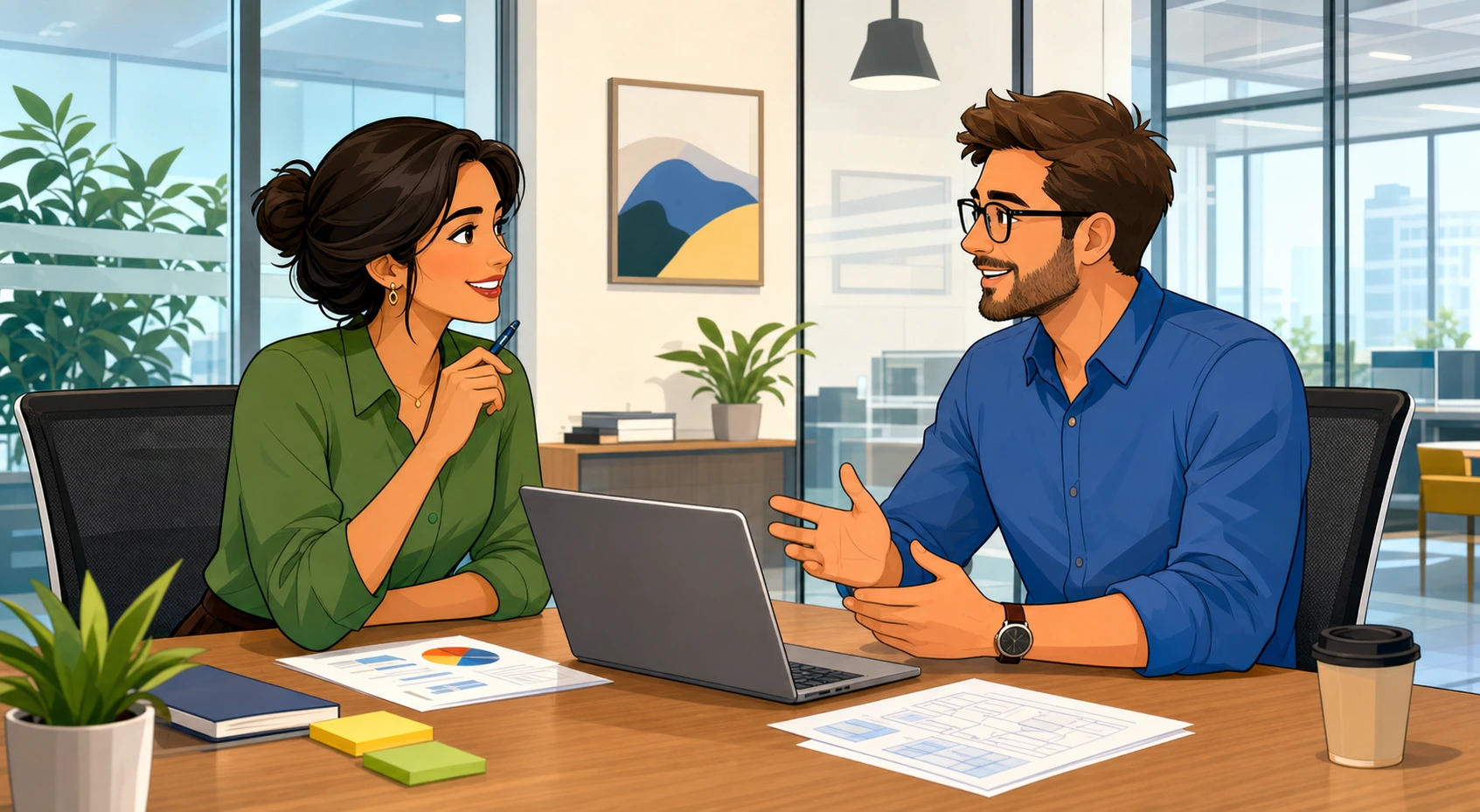 A woman and a man sit across from each other in a modern office meeting room with a laptop and papers on the table, discussing a project plan.