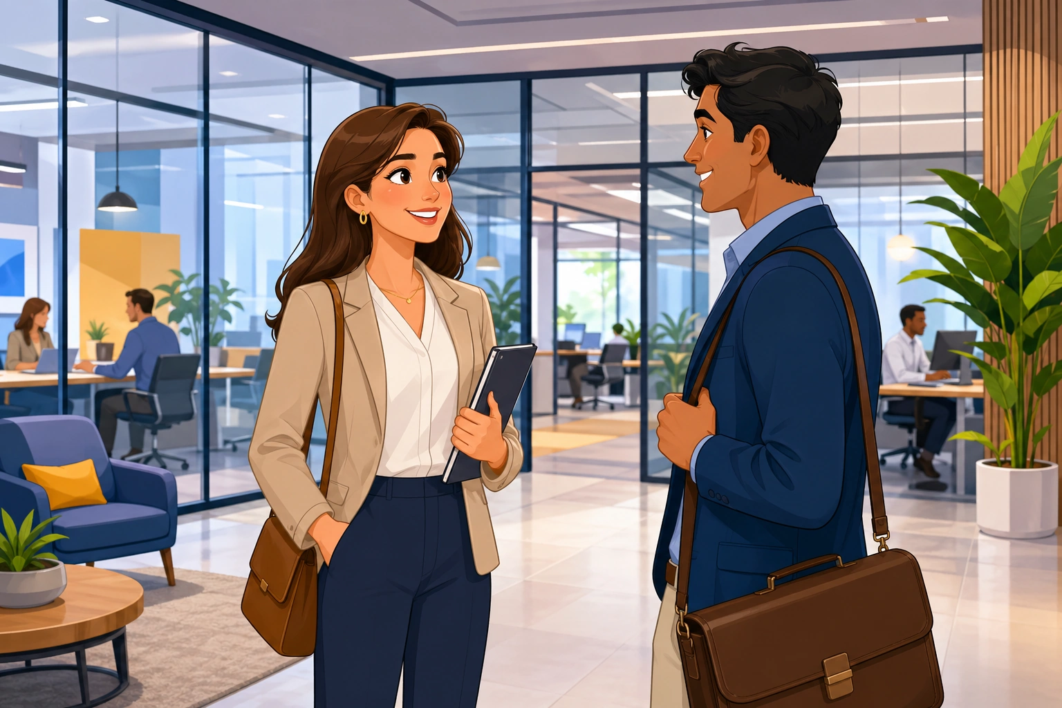 A woman in office clothes smiles at a man with a briefcase in a modern office lobby, with glass walls and desks behind them.