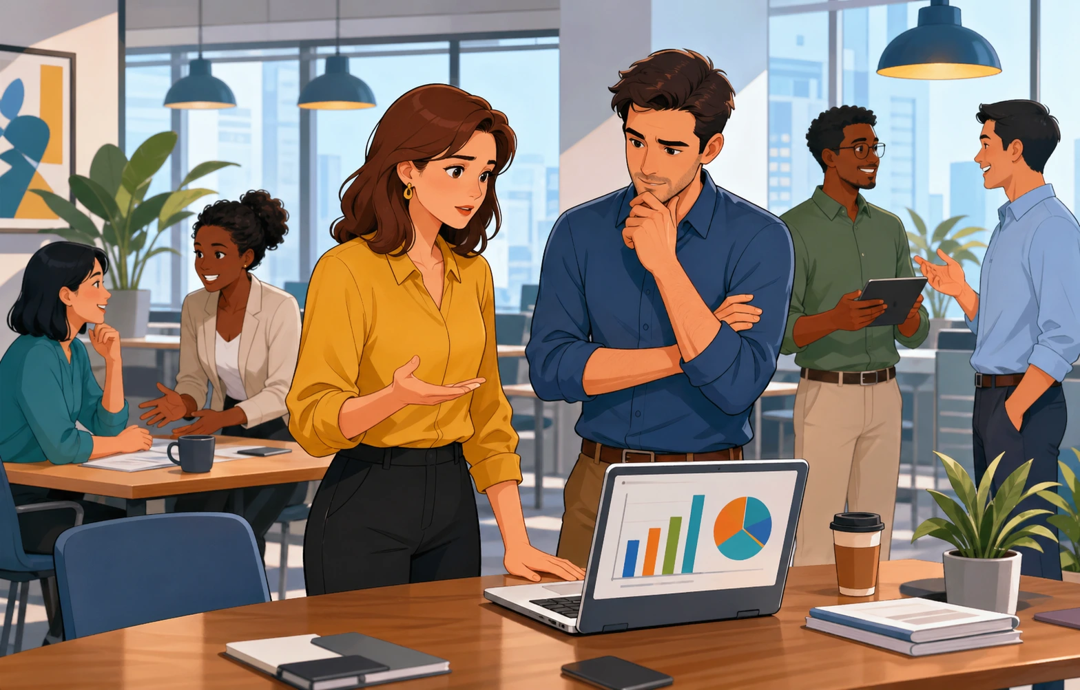 A professional woman and a man stand near a conference table in a modern office, looking calm but slightly tense as they discuss a chart on a laptop.