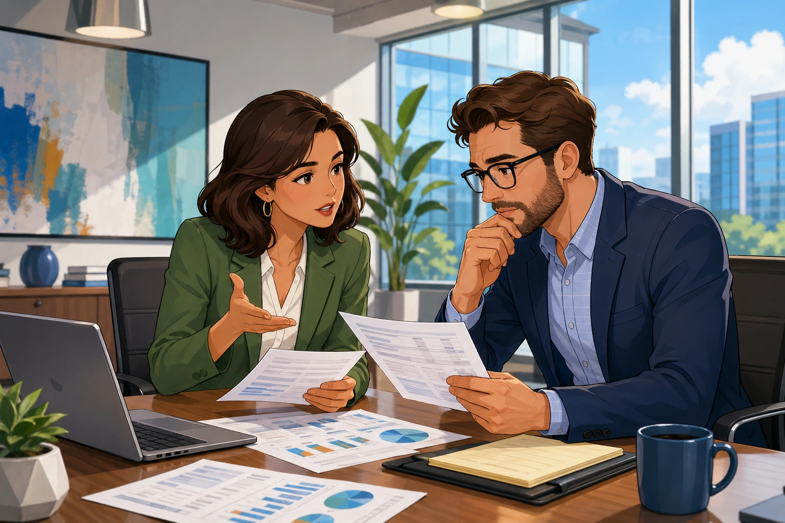 A female project manager and a male vendor representative sit at a conference table in a bright office, looking at printed quotes and a laptop while discussing a budget issue.