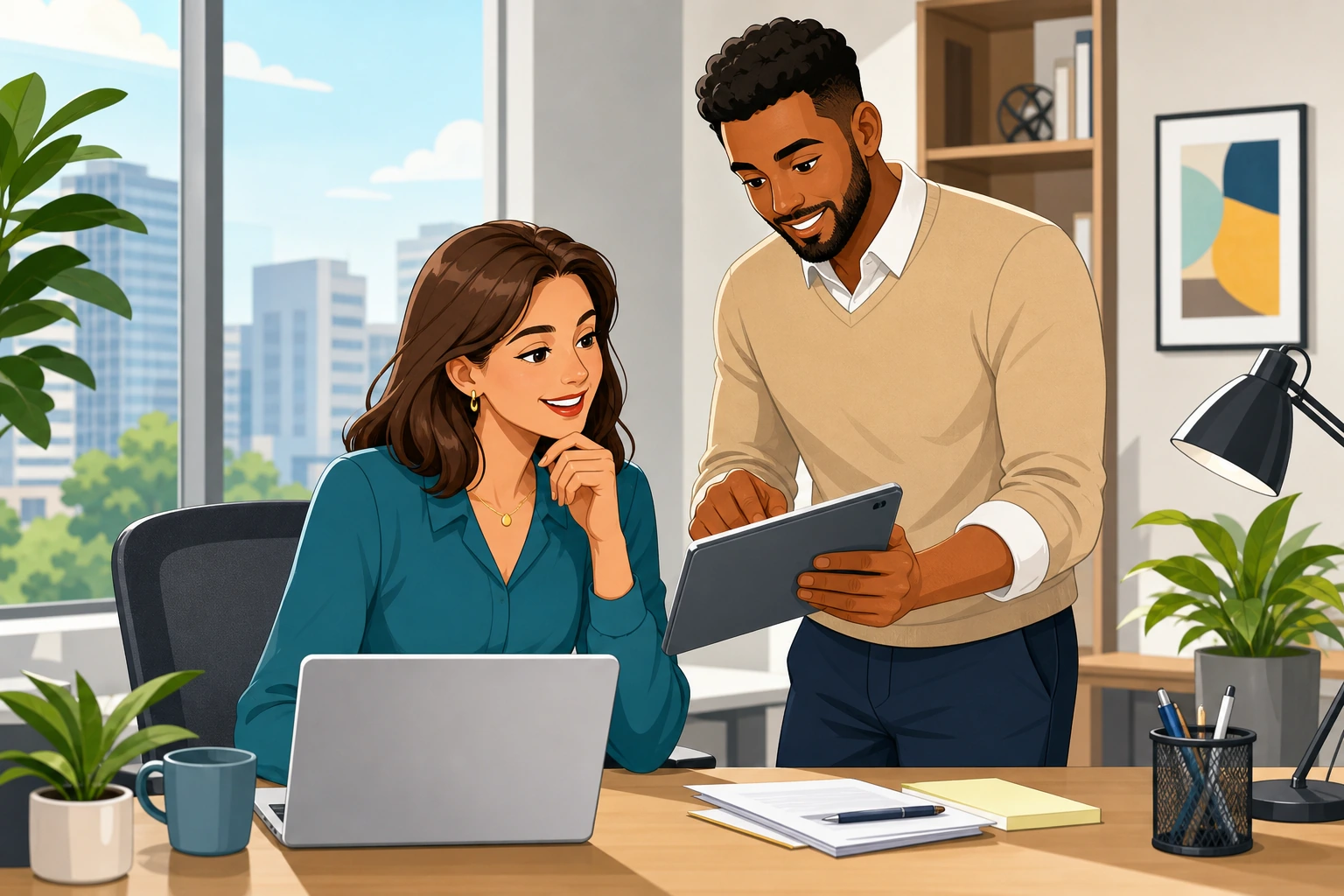 A professional woman sits at a desk in a bright office while a man stands nearby holding a tablet, and they review a business email together.