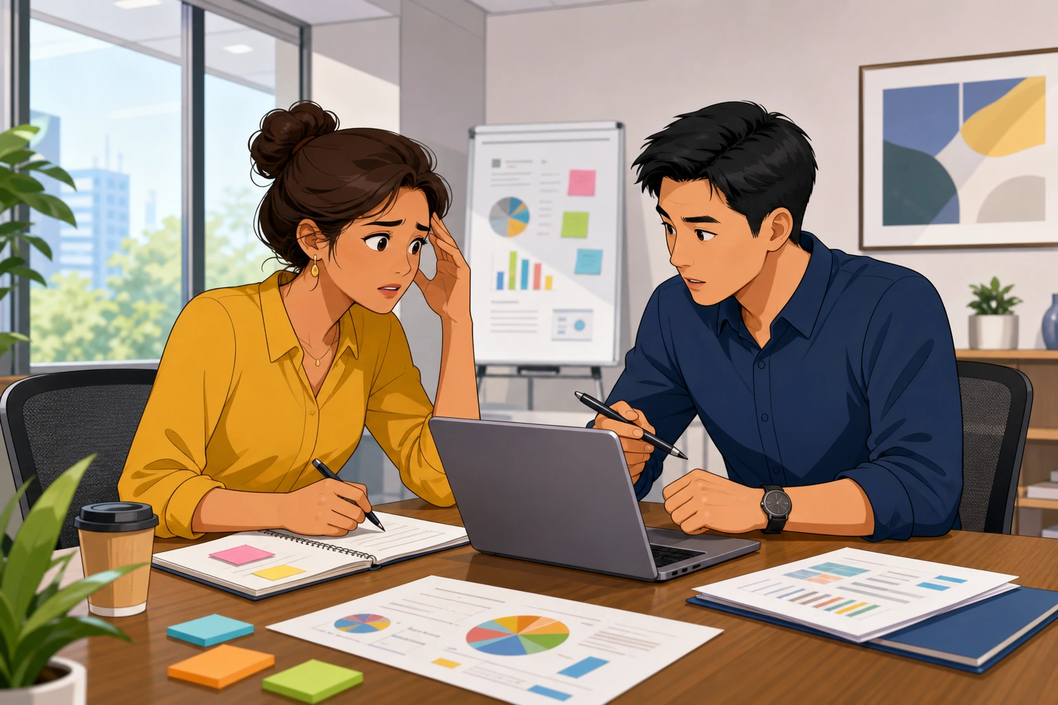 A worried woman and a focused man sit across a conference table in a modern office, looking at notes and a laptop while discussing a project problem.