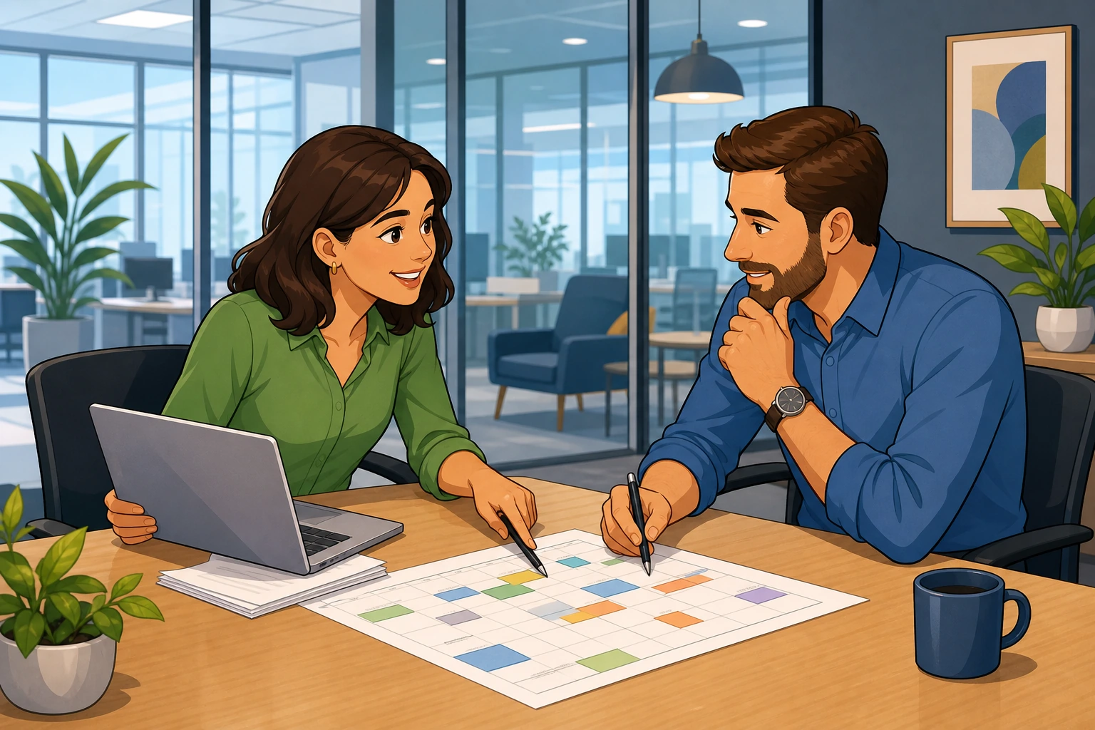 A woman with a laptop and papers sits across from a man in a modern office meeting room, both looking at a project calendar on the table.