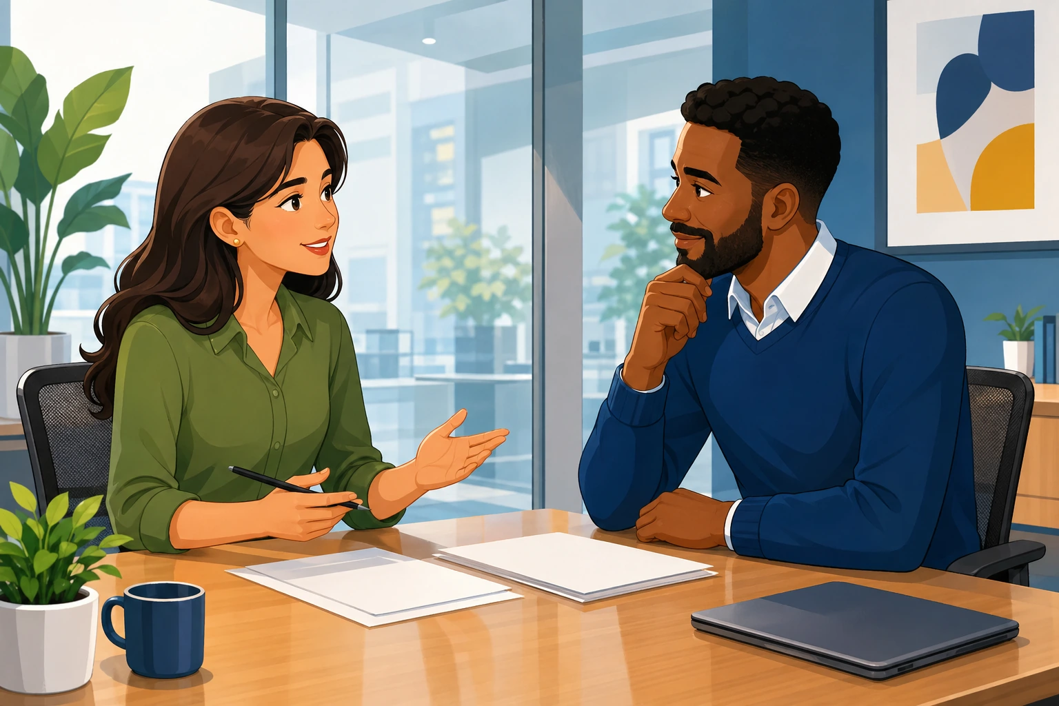 A professional woman sits across from a male manager in a modern office meeting room, calmly discussing documents on a table.