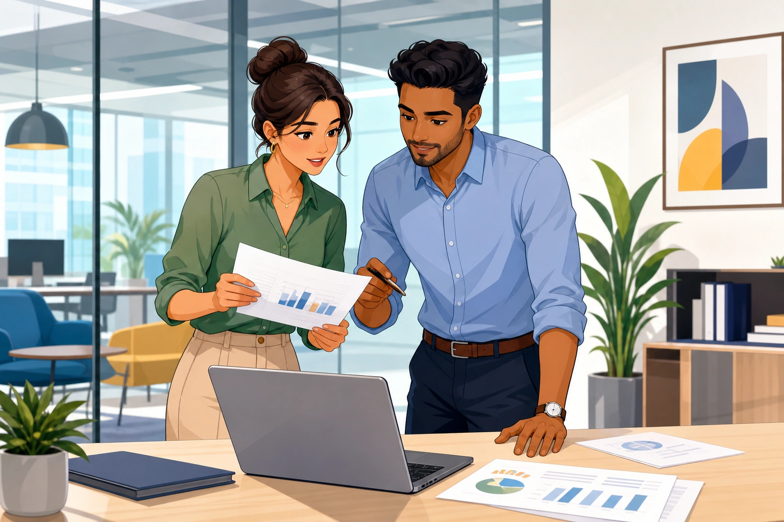 A woman and a man stand by a desk in a modern office, looking at printed reports and a laptop while discussing the work.