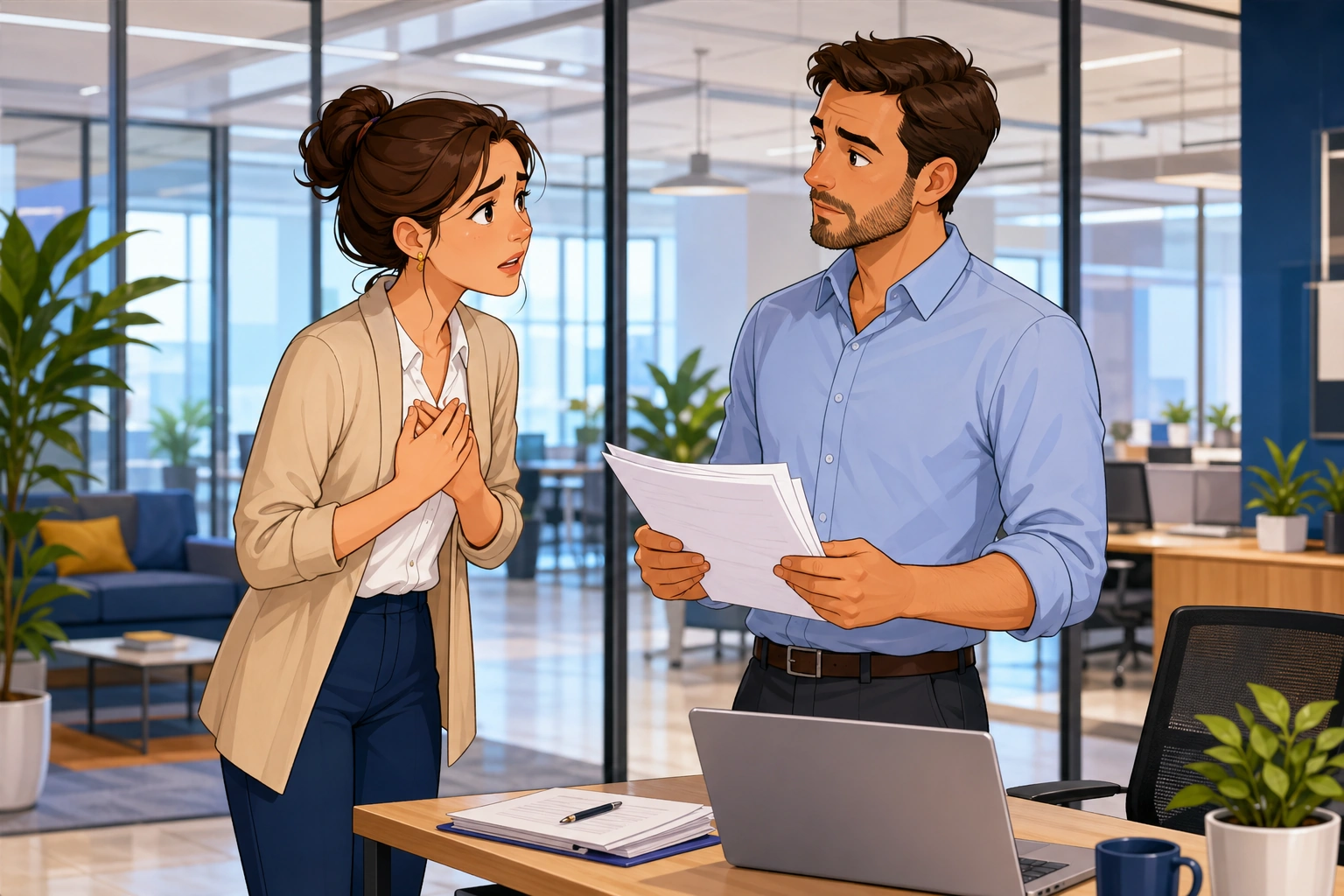 A bright modern office with a worried woman apologizing to a man holding printed papers beside a laptop and desk.