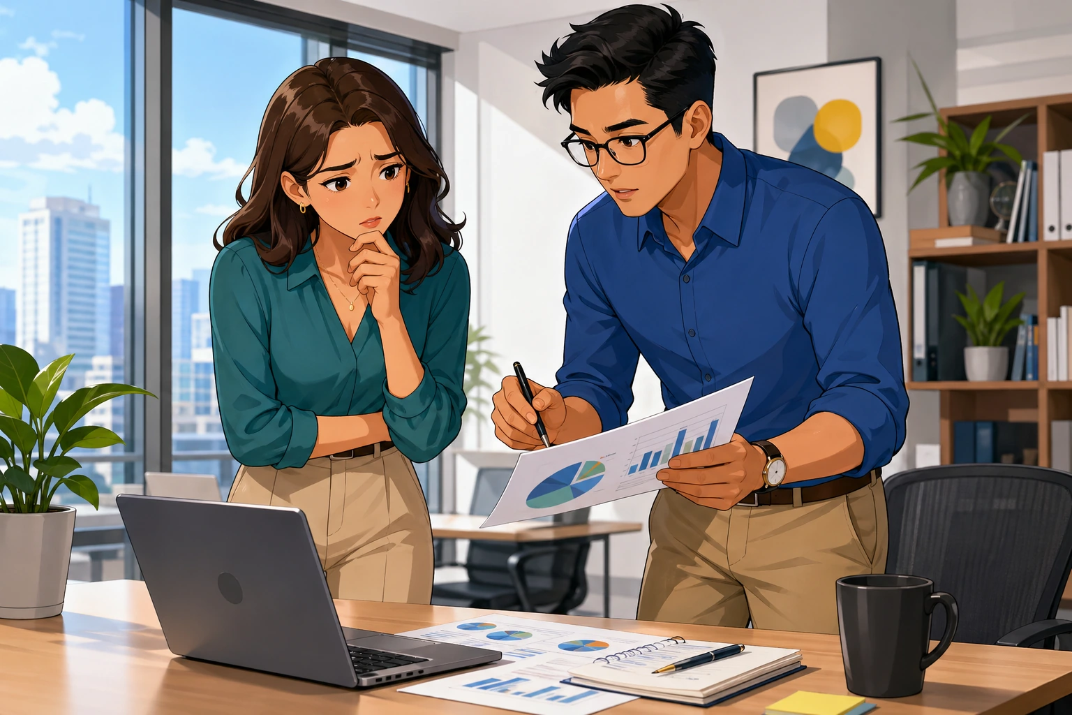 A worried woman and a focused man stand by a desk in a modern office, looking at a laptop and printed slides while planning for a client presentation.