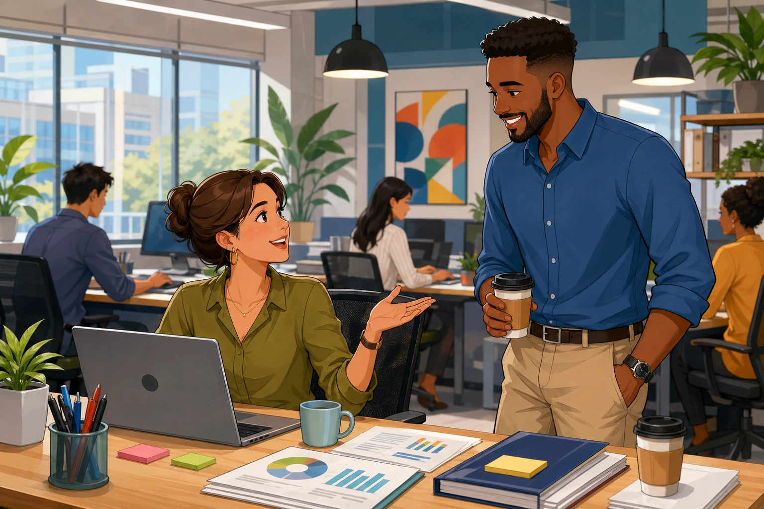 A woman at a modern office desk emails a man standing nearby, with laptops, printed reports, and a busy open-plan workspace around them.