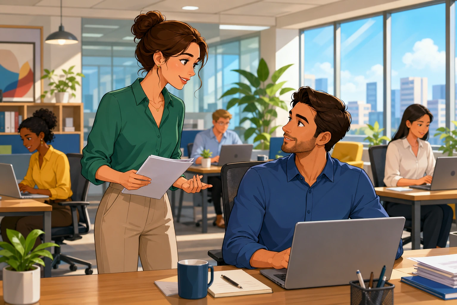 A woman stands beside a man's desk in a bright office with laptops, papers, and coworkers in the background, speaking quietly while he looks up from his screen.