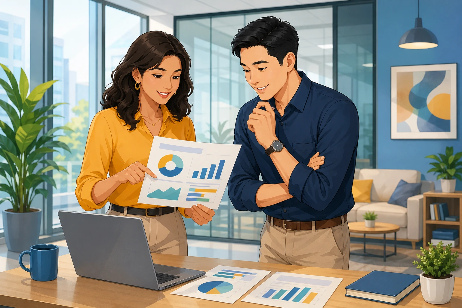 A woman and a man stand in a bright office beside a laptop and printed charts, calmly reviewing a presentation slide deck together.