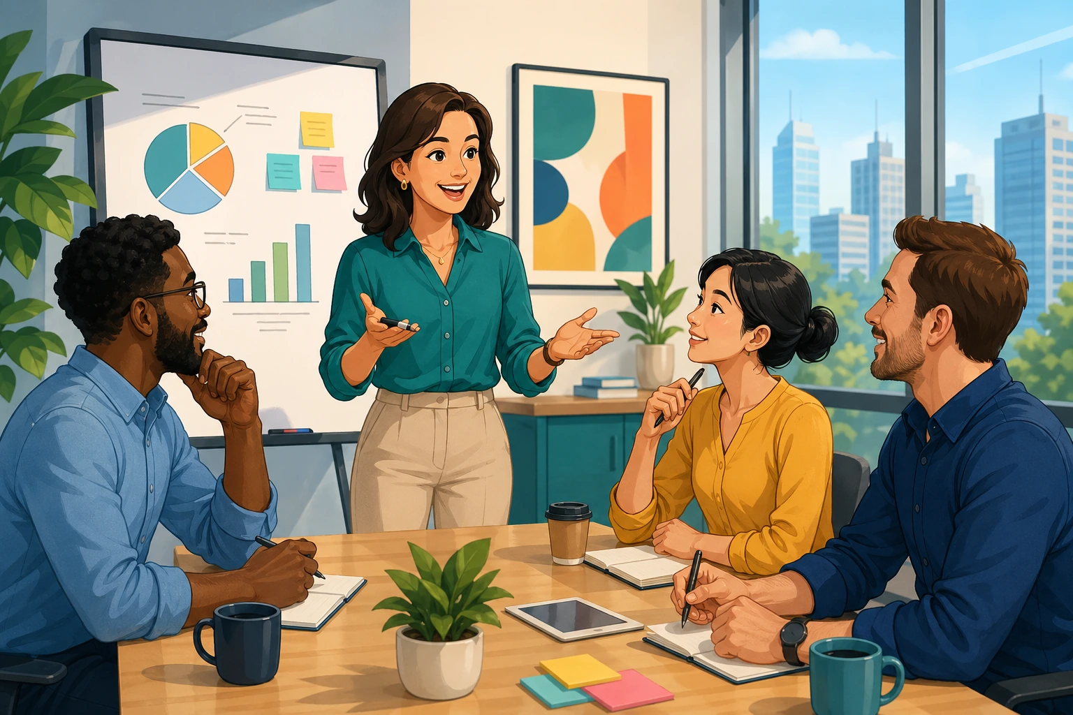 A woman leading a small meeting in a bright office conference room while a man and two coworkers sit around a table with notebooks and coffee, listening closely.