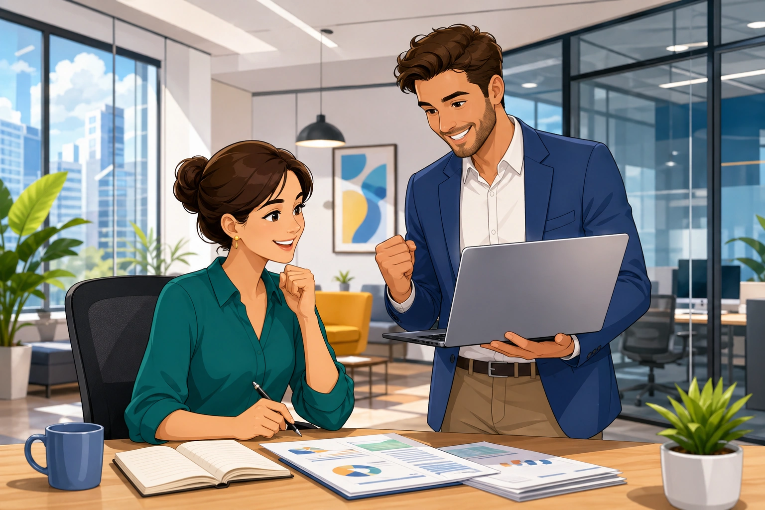 A focused woman sits at a desk in a modern office while a male coworker stands beside her with a laptop, both looking relieved as they review a finished report.
