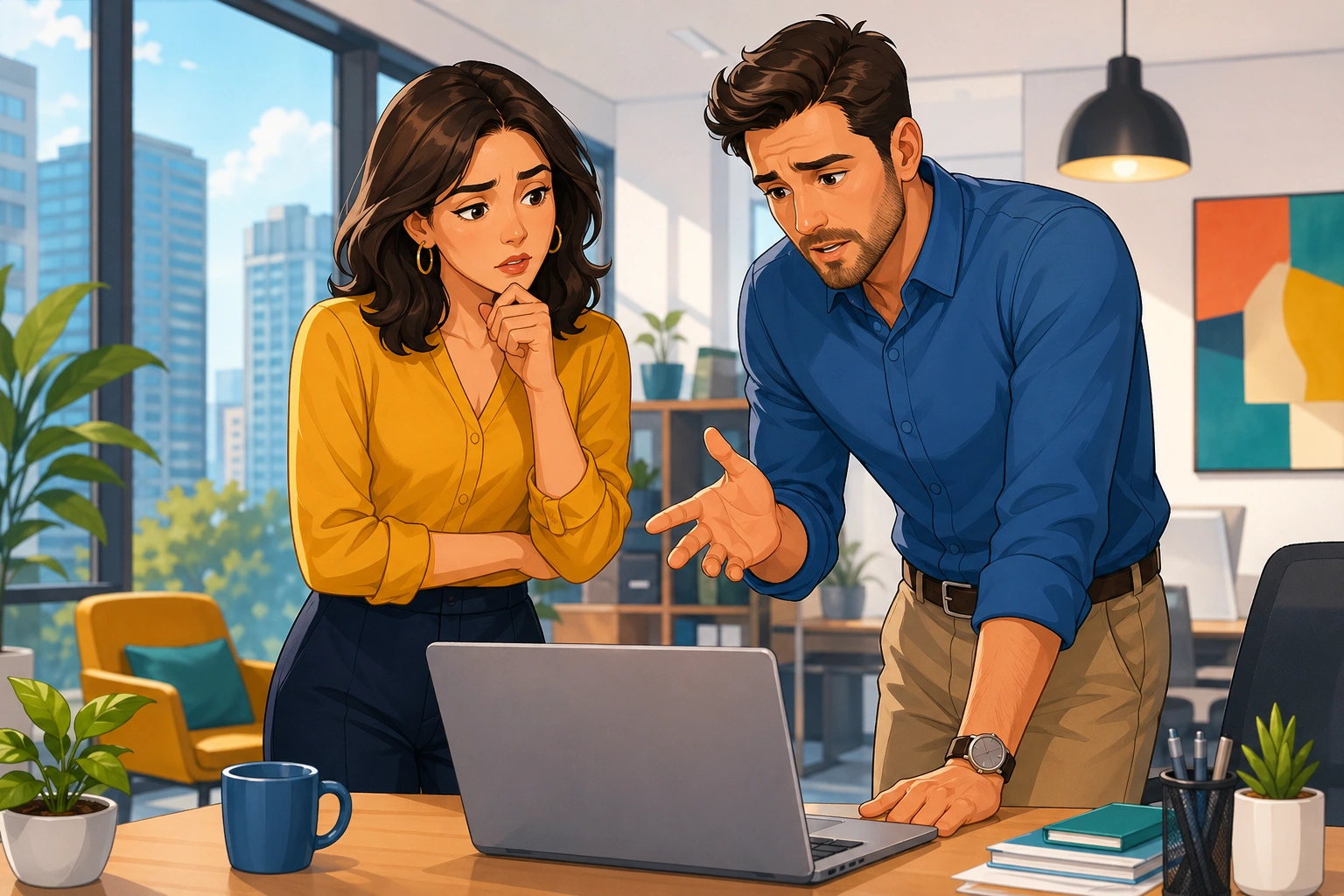 A woman and a man standing by a desk in a modern office, looking at a laptop and discussing an email with cautious expressions.