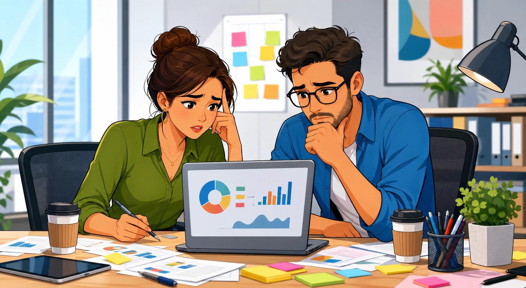 A woman project manager and a man designer sit at a cluttered office desk, reviewing charts on a laptop with worried expressions.