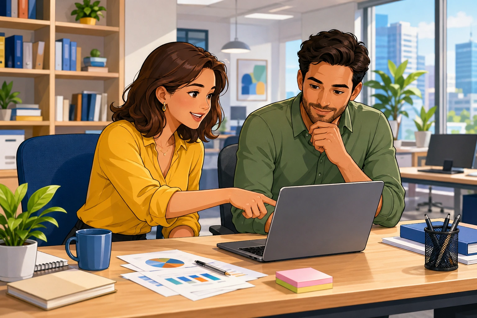 A woman in a bright office sits beside a man at a shared desk, pointing at an email draft on a laptop while papers and a mug lie nearby.