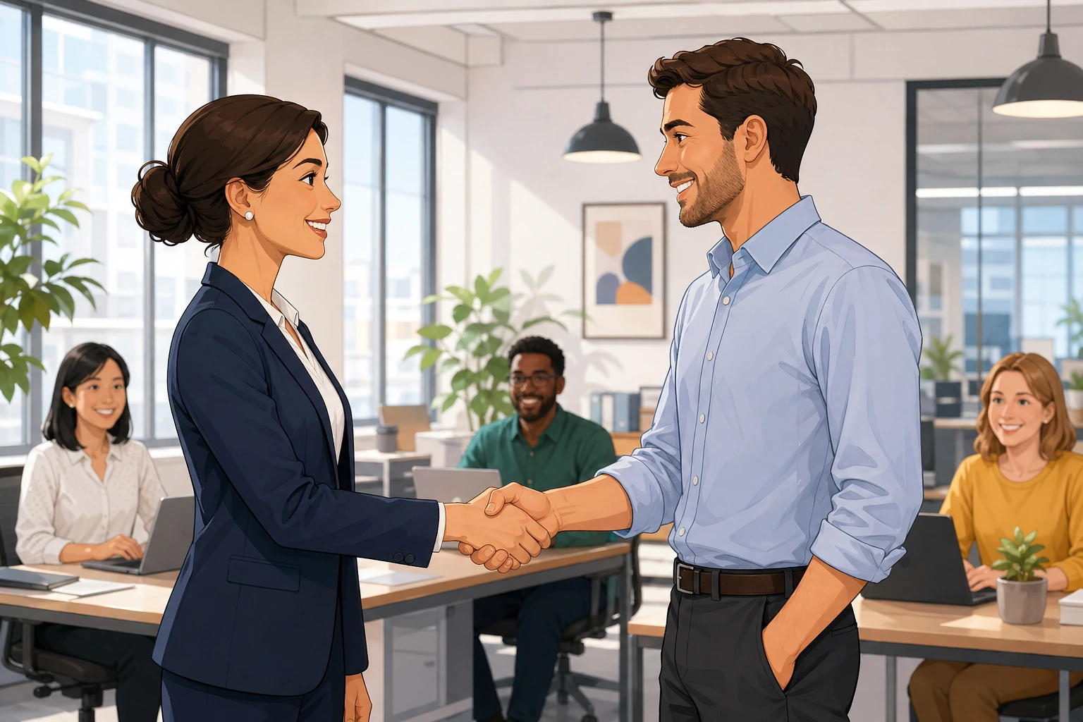 A professional woman in a blazer shakes hands with a man in a modern office with desks, laptops, and bright window light, both smiling during a formal introduction.