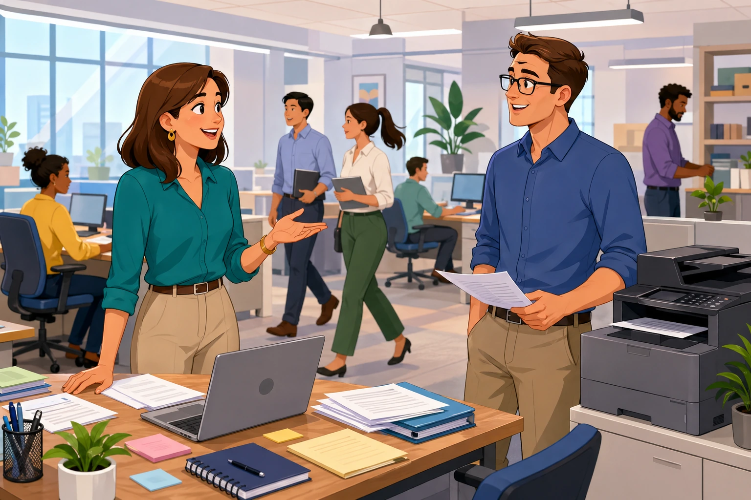 A busy office with a female worker standing beside a desk covered in papers and a laptop, speaking to a male coworker near a printer while other staff move in the background.