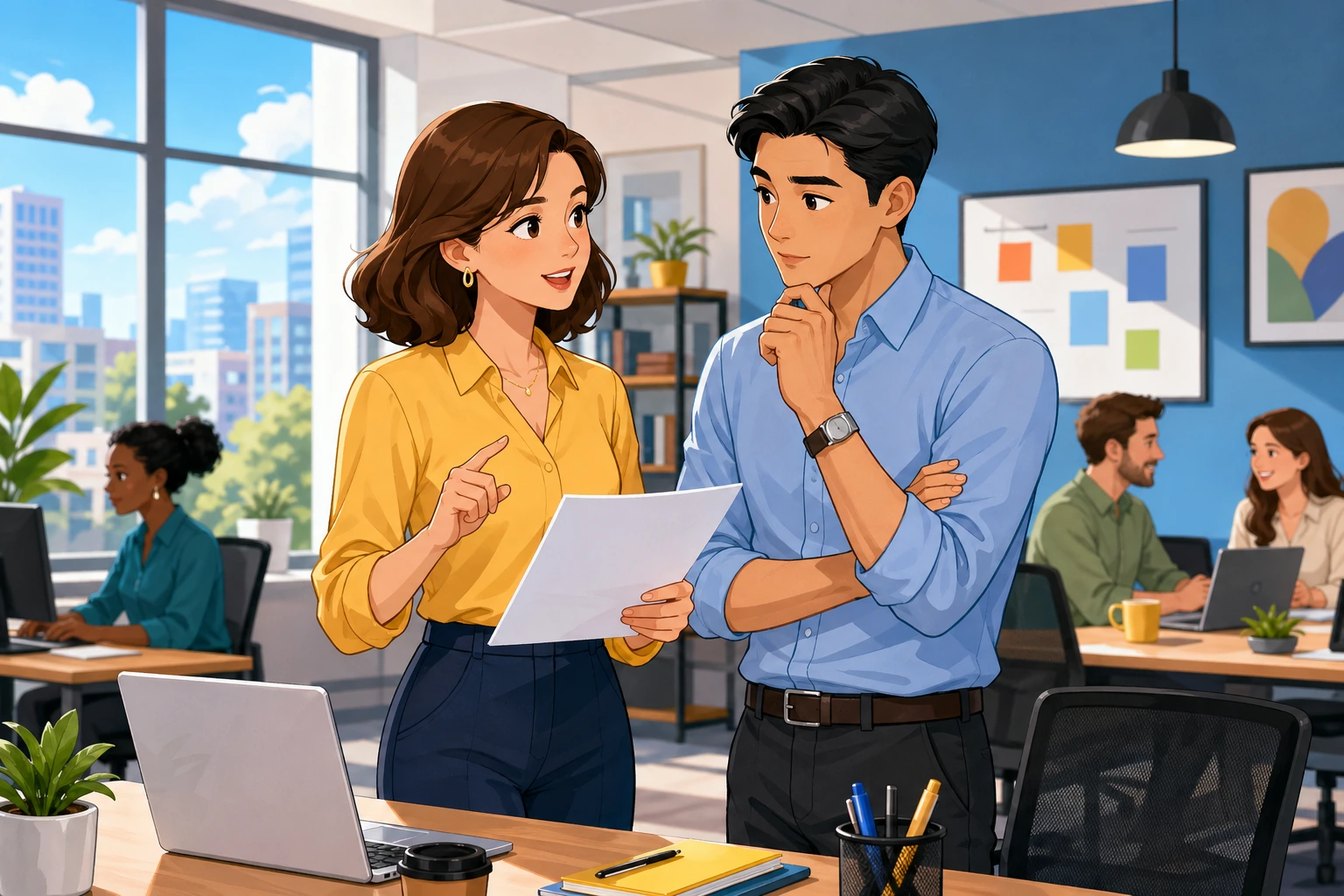A female office worker and a male colleague stand by a desk in a bright office, reviewing a document while she asks him to send an email and he listens attentively.