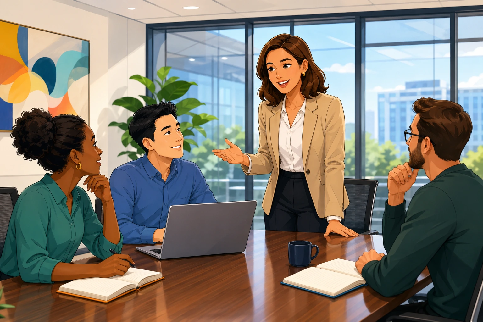 A woman in a modern conference room smiles at a small group of coworkers while a man sits beside a laptop, notebooks open on the table.