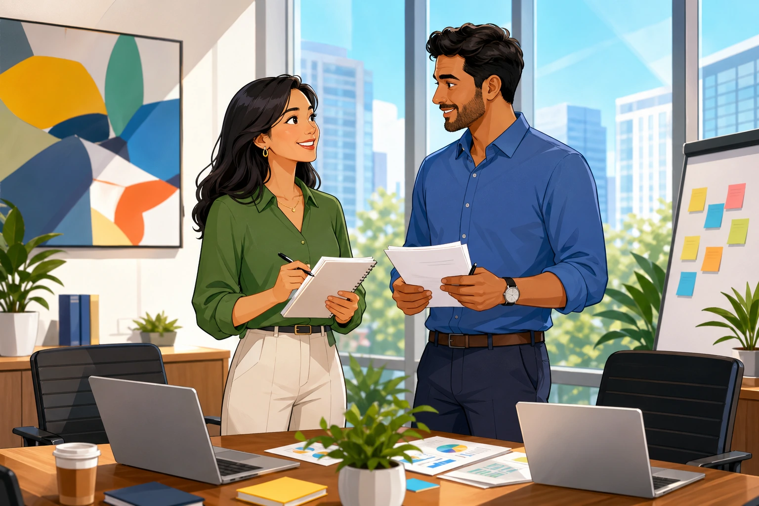 A professional woman and a male colleague stand beside a conference table in a bright office with laptops and papers, pausing their discussion as they gather notes.