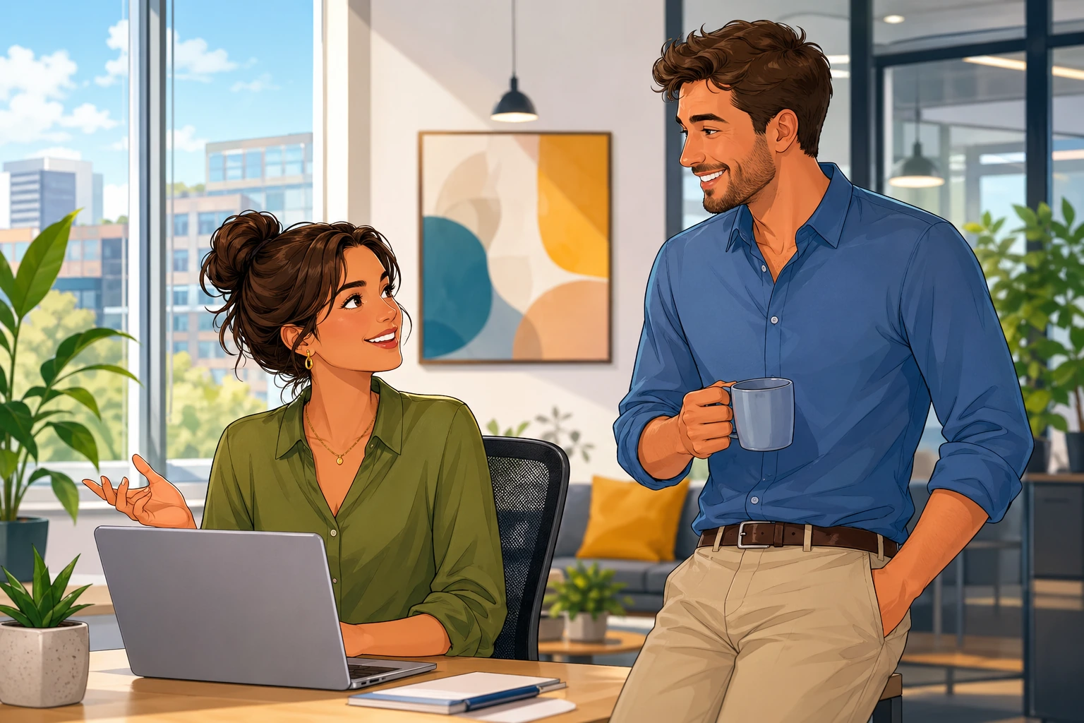 A woman with a laptop chats with a male coworker beside a desk in a bright office near a window, both smiling during a Friday afternoon break.