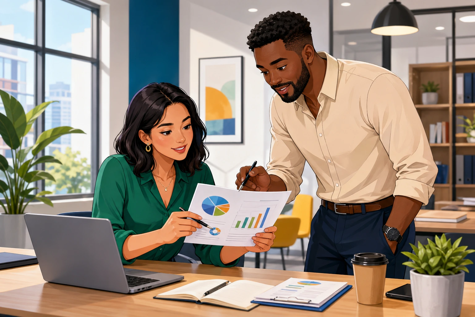 A woman with a laptop and a man standing beside a meeting table in a bright office, both looking at a chart on paper and speaking calmly.