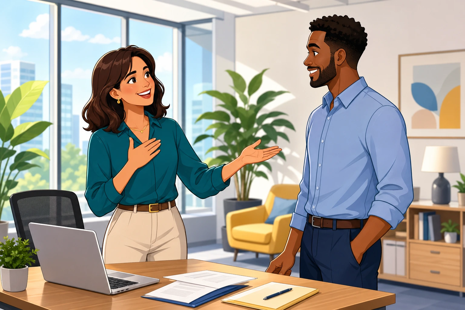 A woman manager smiles and thanks a male employee beside a desk with papers, a laptop, and a bright modern office background.