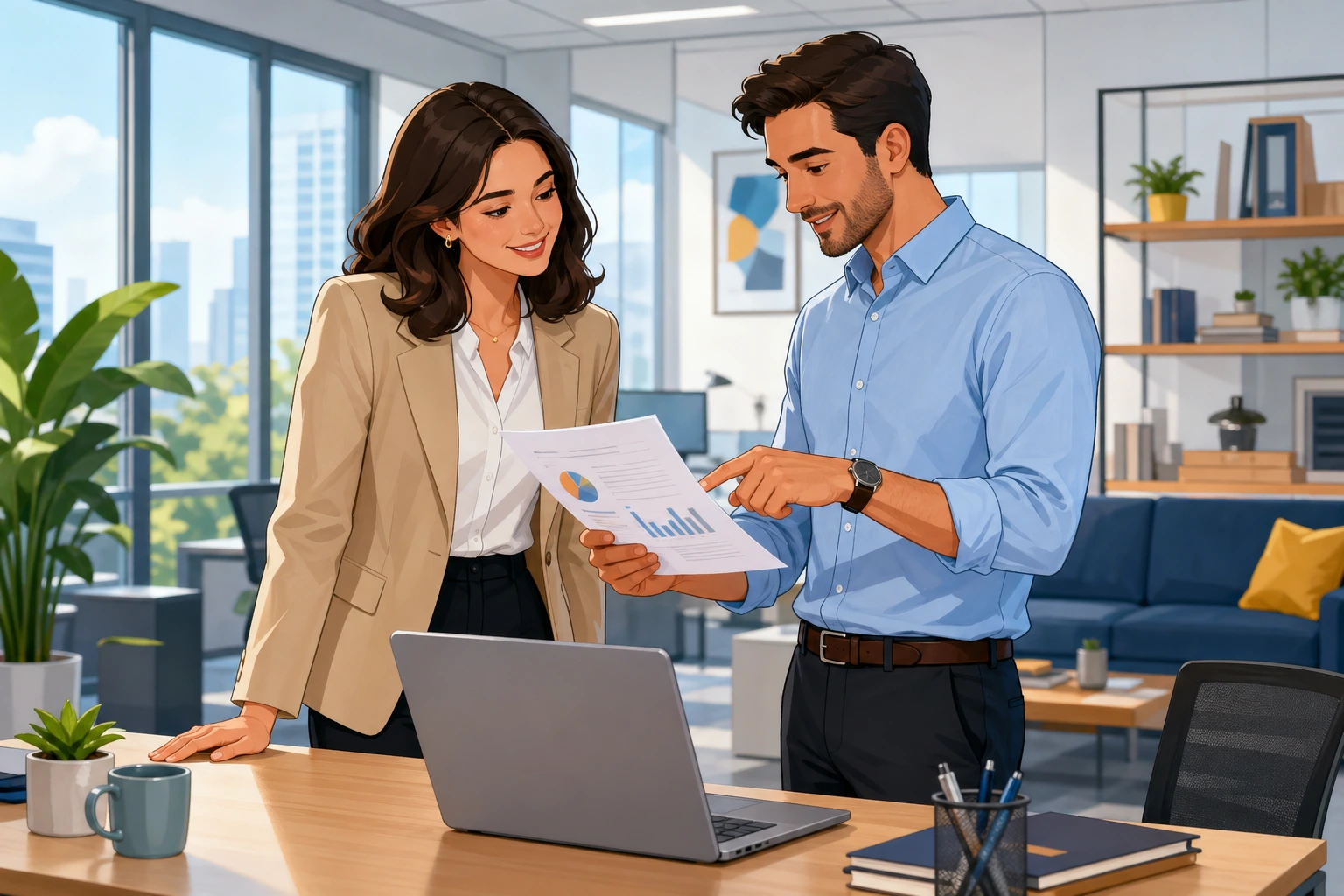 A woman in smart office clothes stands beside a desk with a laptop, while a man in a button-down shirt points at a printed report in a bright modern office.
