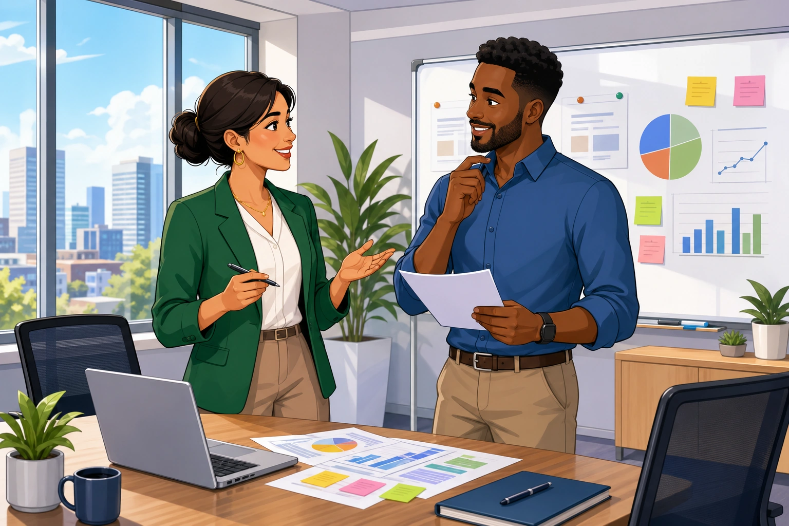A female manager and a male coworker stand in a bright modern conference room with a laptop, printed notes, and a whiteboard as they discuss a project plan.