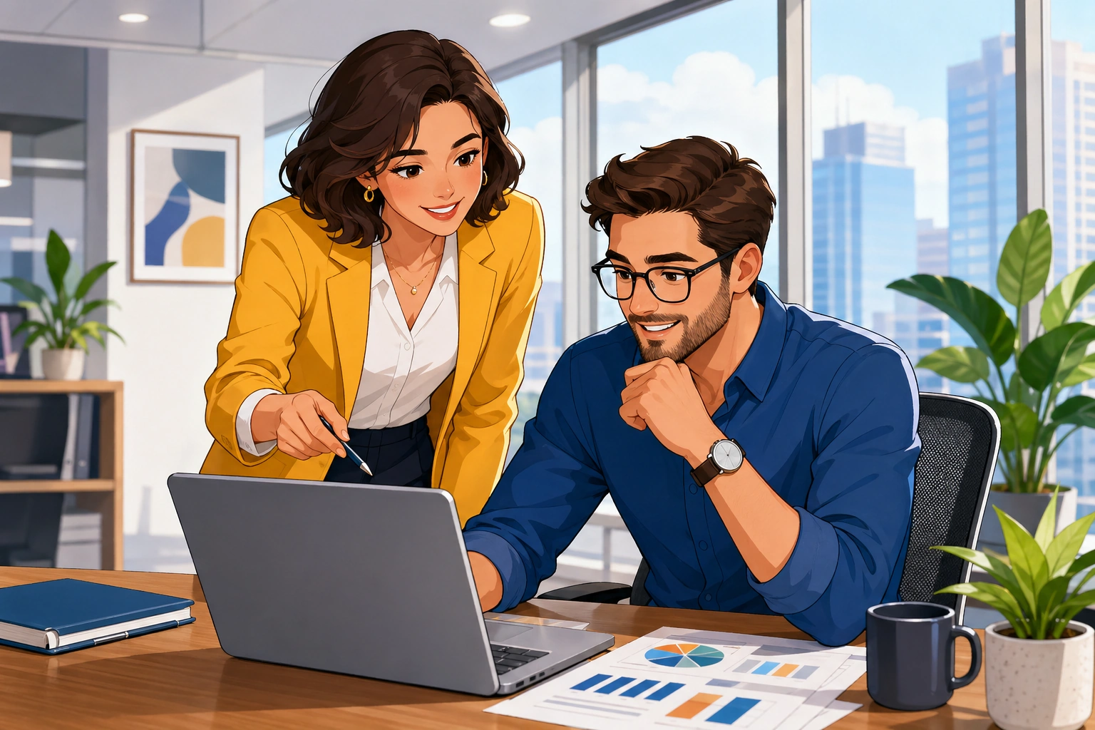 A professional woman in a bright office stands beside a man at a desk with a laptop and printed slides, both leaning over the screen and discussing a presentation.