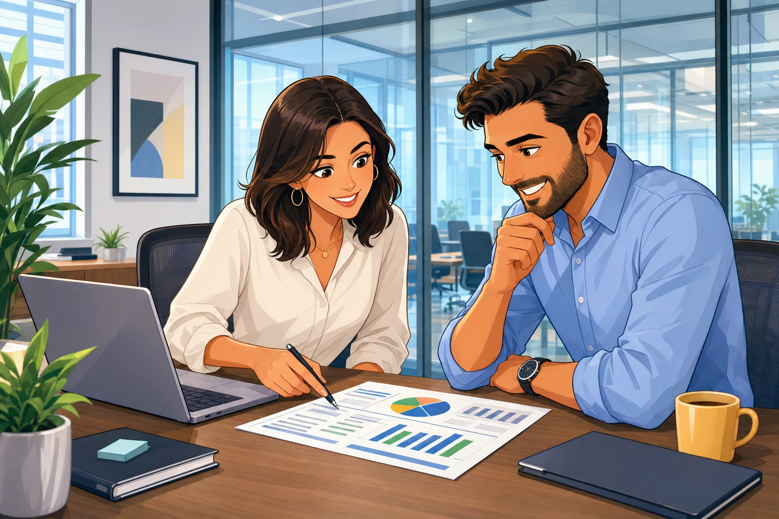 A woman with a laptop and a man in a modern office meeting room look over a printed project proposal on a table.