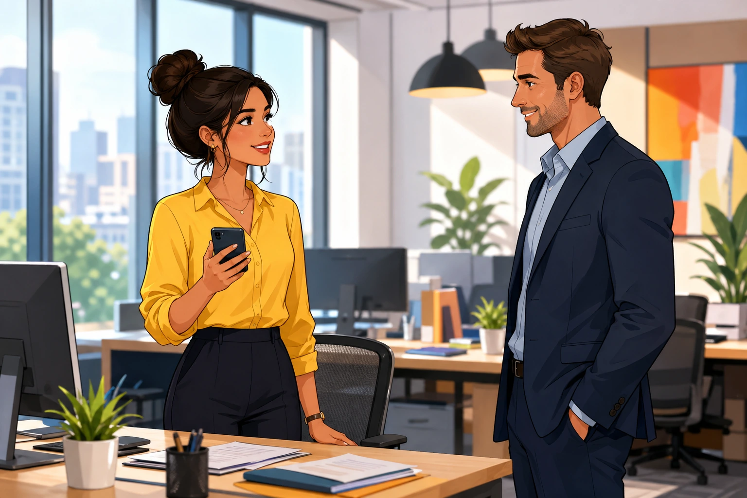 A woman in a modern office holds a phone while standing near a desk, and a man in a suit waits across from her in a bright workplace with computers and papers.