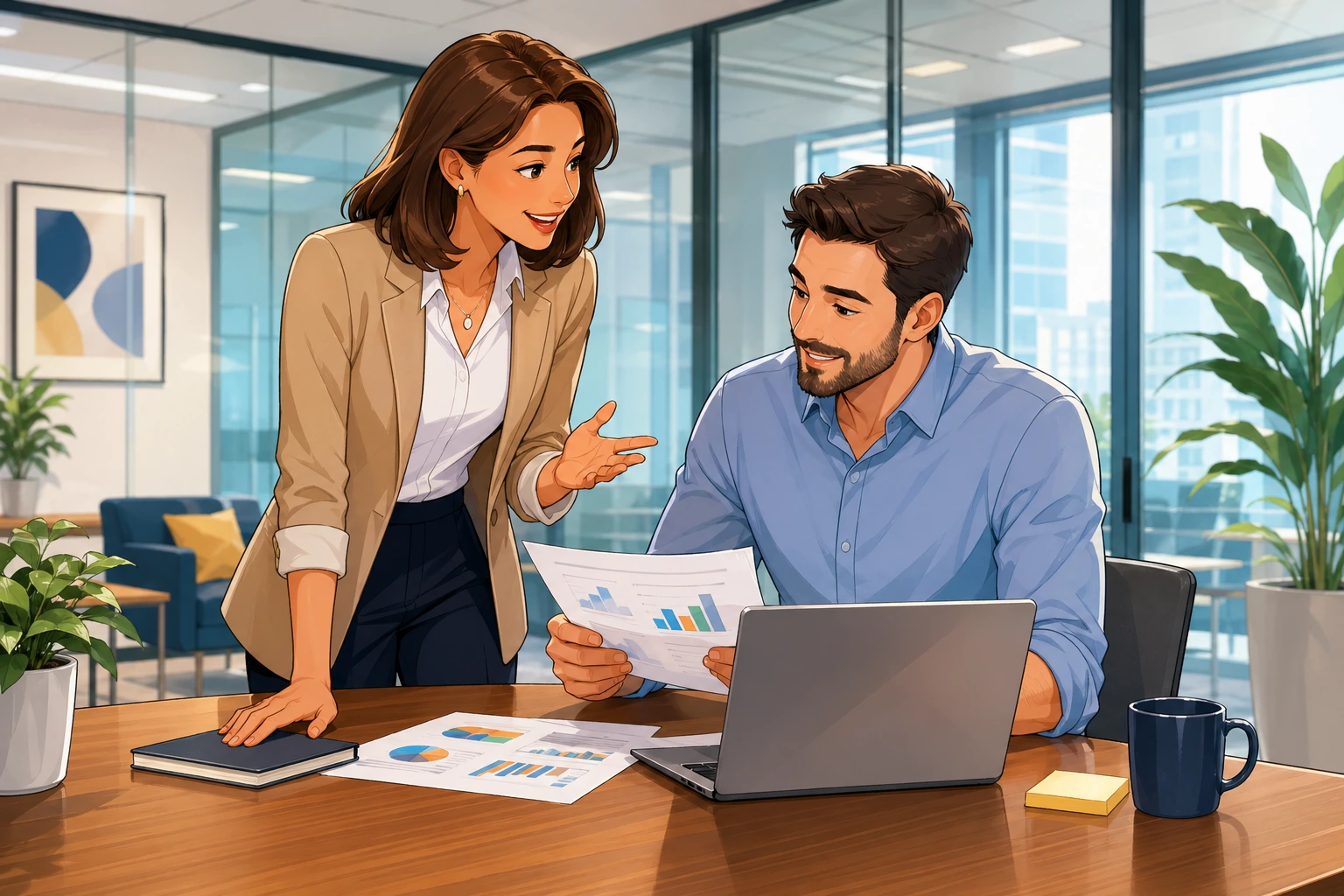 A woman in business clothes stands beside a conference table in a modern office, talking with a male coworker who is looking at printed reports and a laptop.