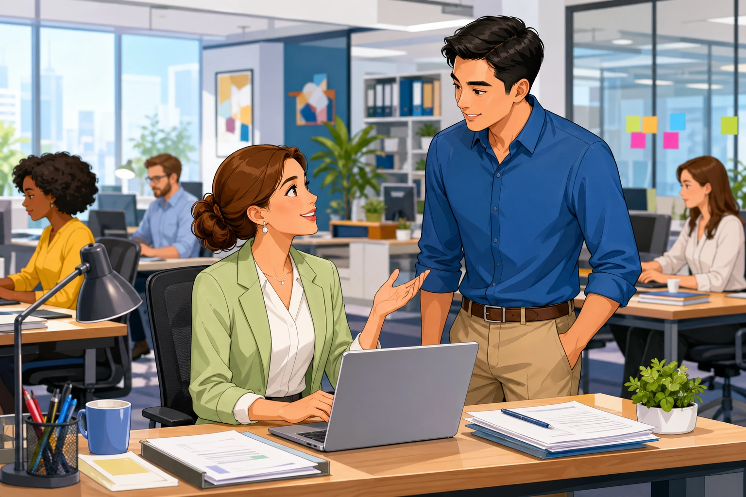A professional woman in a tidy office speaks calmly to a man standing beside her desk, with a laptop, papers, and a busy work setting in the background.