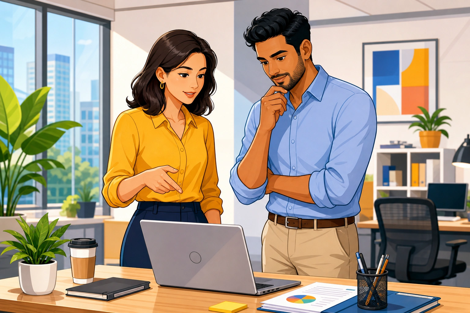 A woman and a man stand near a desk in a modern office, looking at a laptop and discussing a project with serious but friendly expressions.