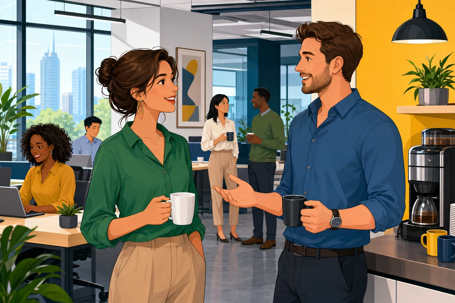A woman and a man stand near a busy office break area with desks, laptops, and a coffee machine, chatting casually during a work break.
