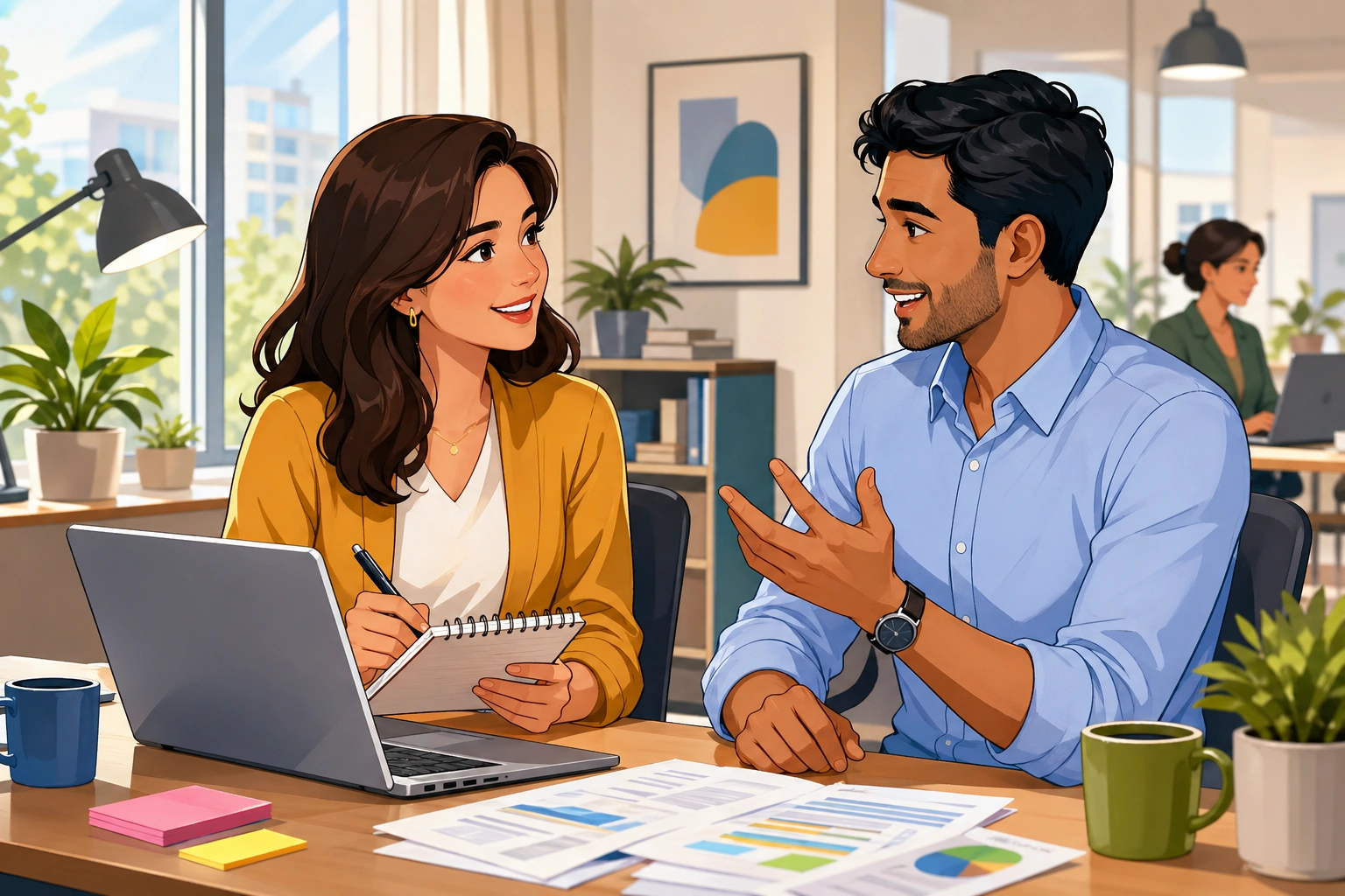 A woman with a notebook and a man in a button-down shirt talk beside a laptop and scattered papers in a bright office with a window and coffee mugs.