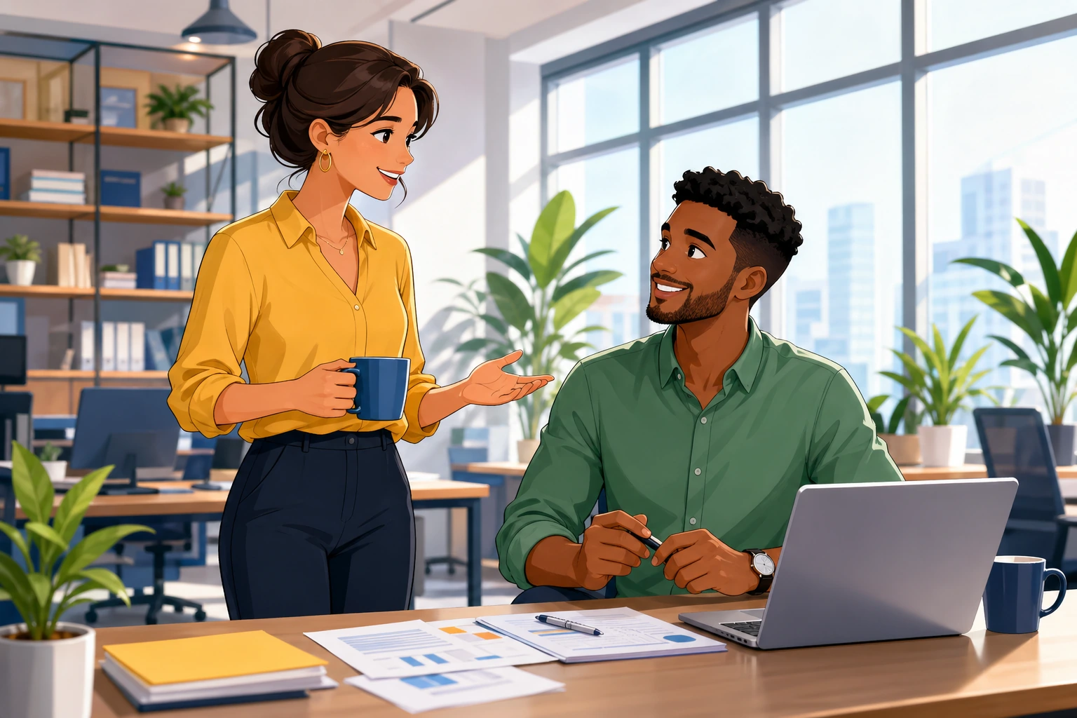 A woman standing beside a desk chats briefly with a male coworker in a bright modern office, with laptops, coffee mugs, and papers nearby.