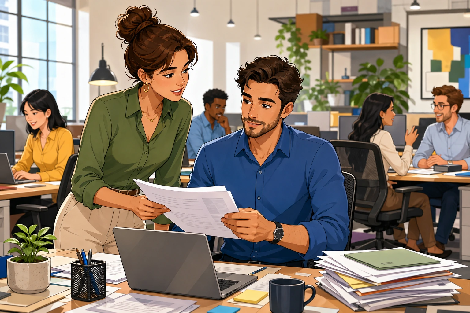 A busy modern office with a woman standing beside a man at a cluttered desk, both looking at a stack of papers and a laptop, with coworkers and office chairs in the background.