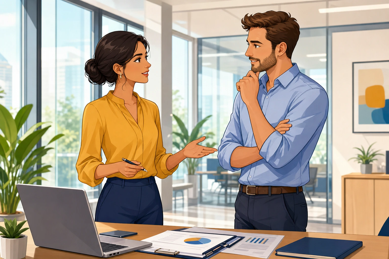 A professional woman and a male manager stand in a bright office beside a laptop and paperwork, speaking calmly during a pricing negotiation.