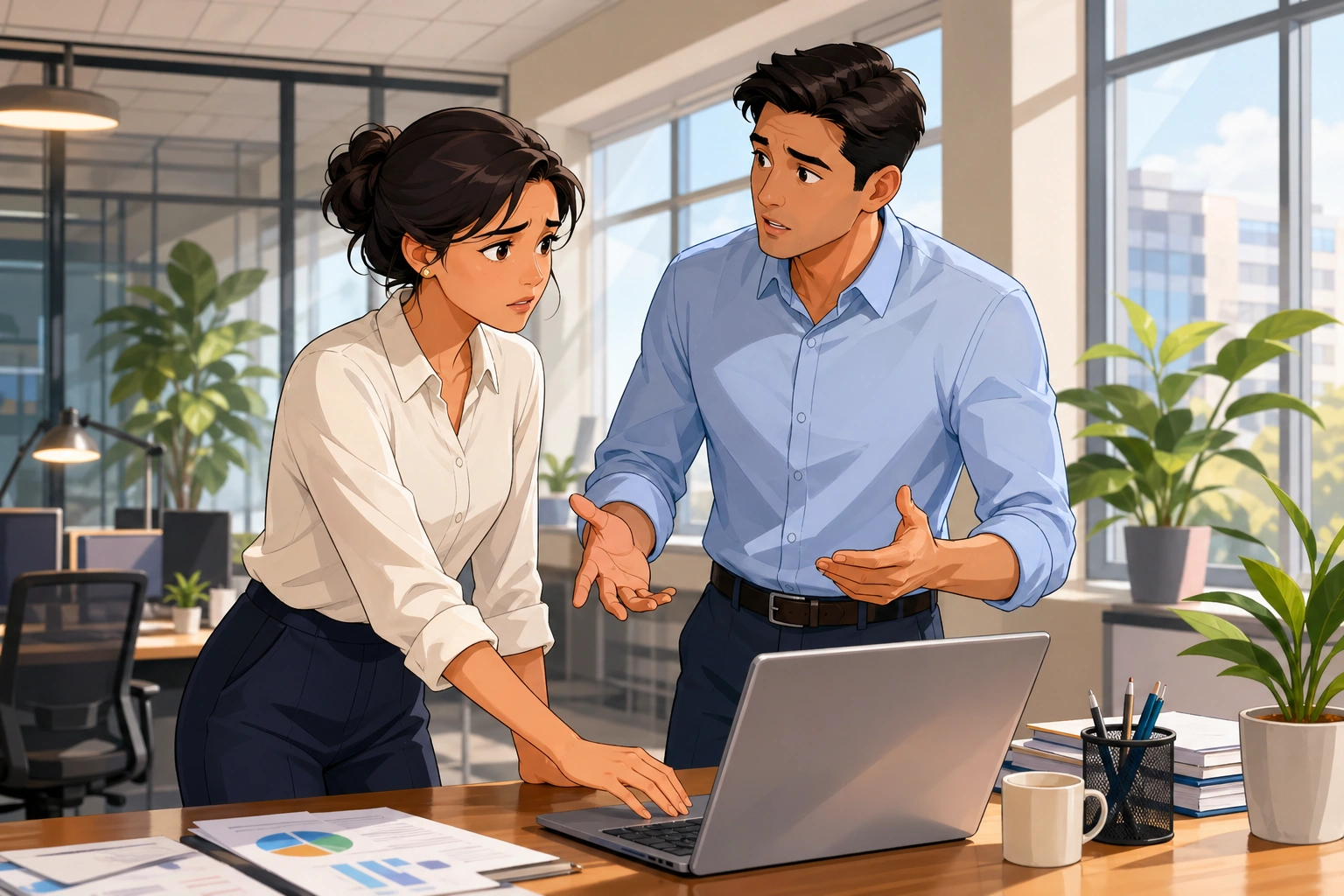 A worried woman in a blouse and a man in a button-up shirt stand by a desk with papers and a laptop in a bright office, as she listens and reaches toward the keyboard.