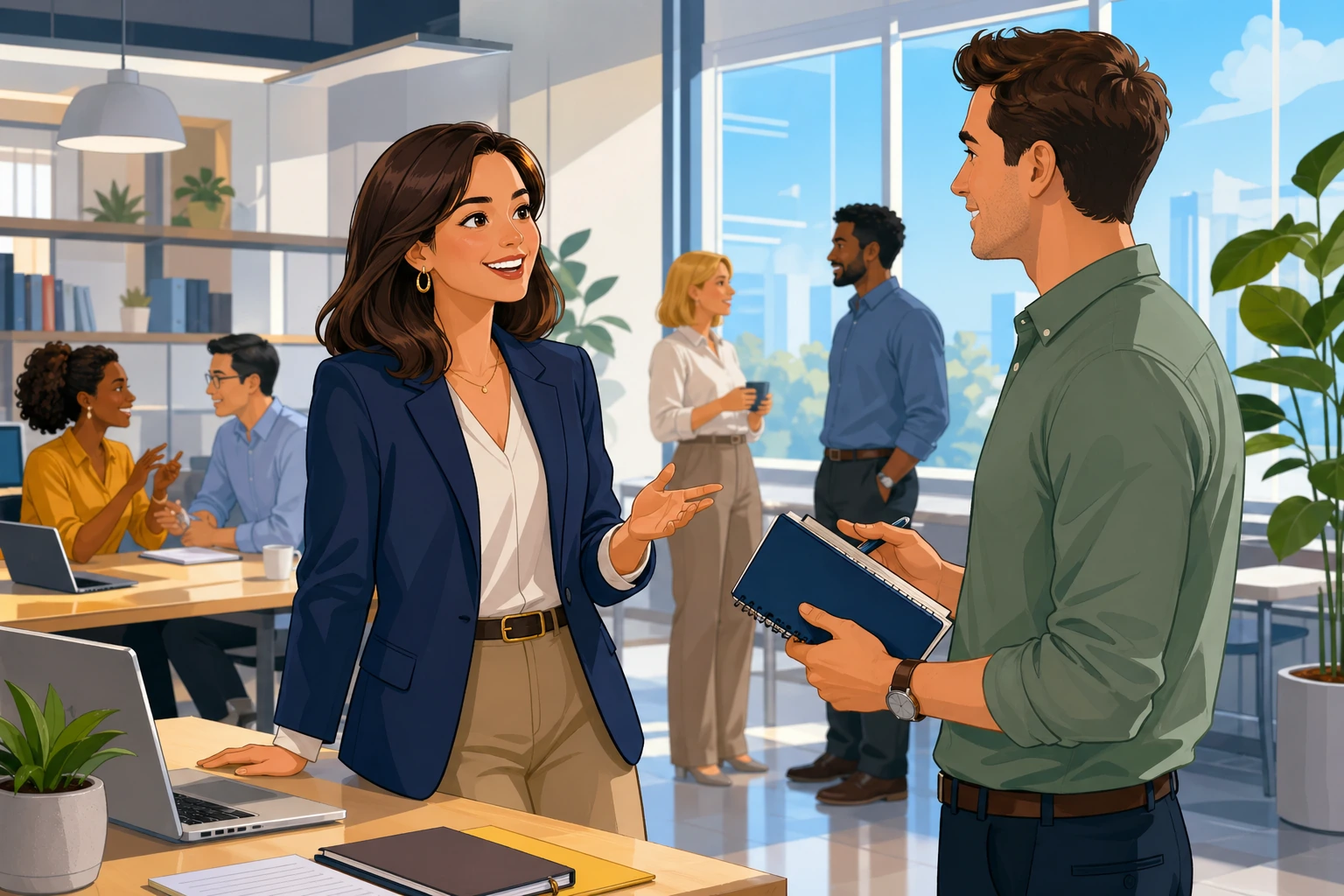 A professional woman in a blazer smiles beside a desk in a bright office, speaking to a man holding a notebook near a window with coworkers in the background.