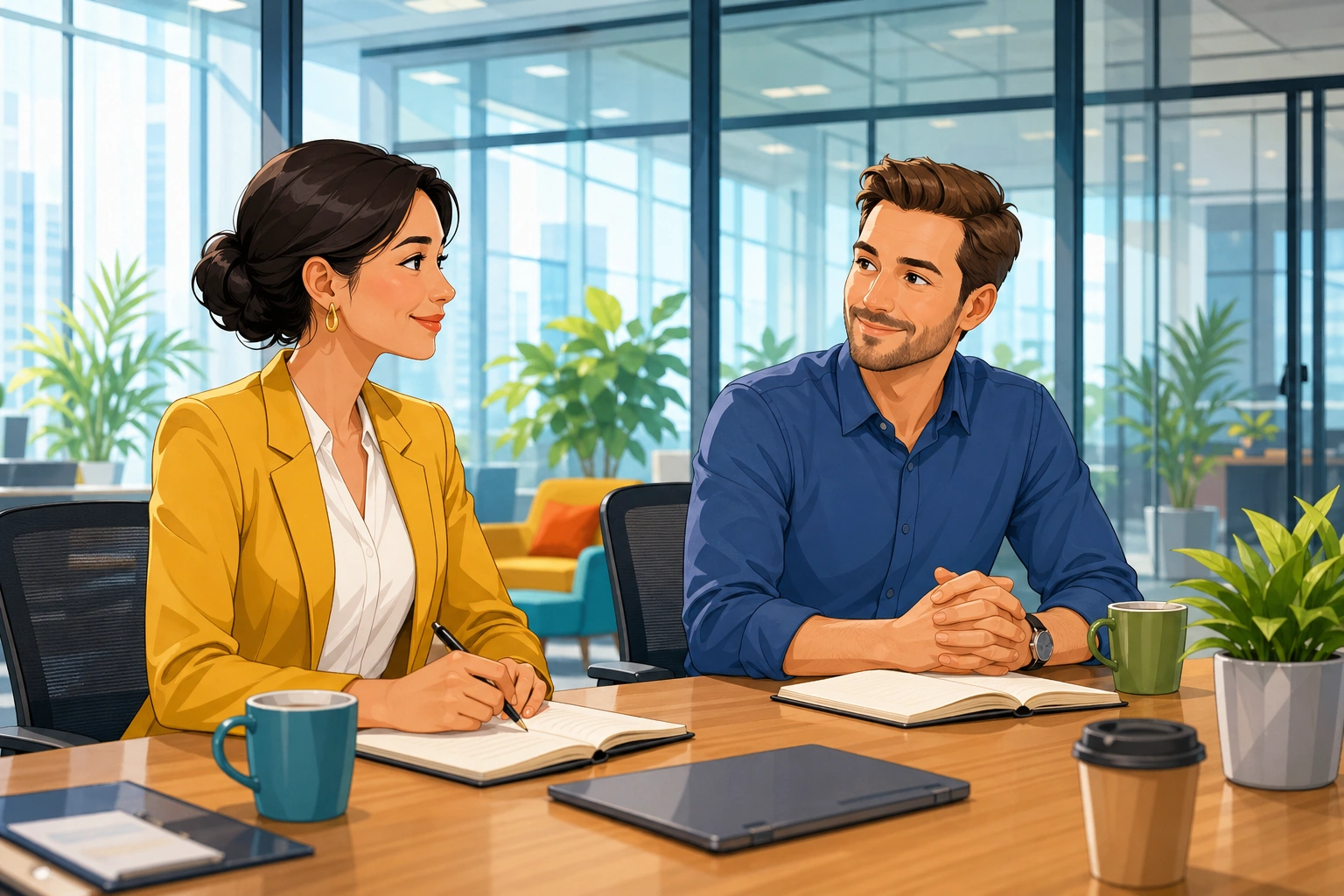 A businesswoman and a man sit in a glass conference room with notebooks and coffee cups, nodding as they finish a work meeting.