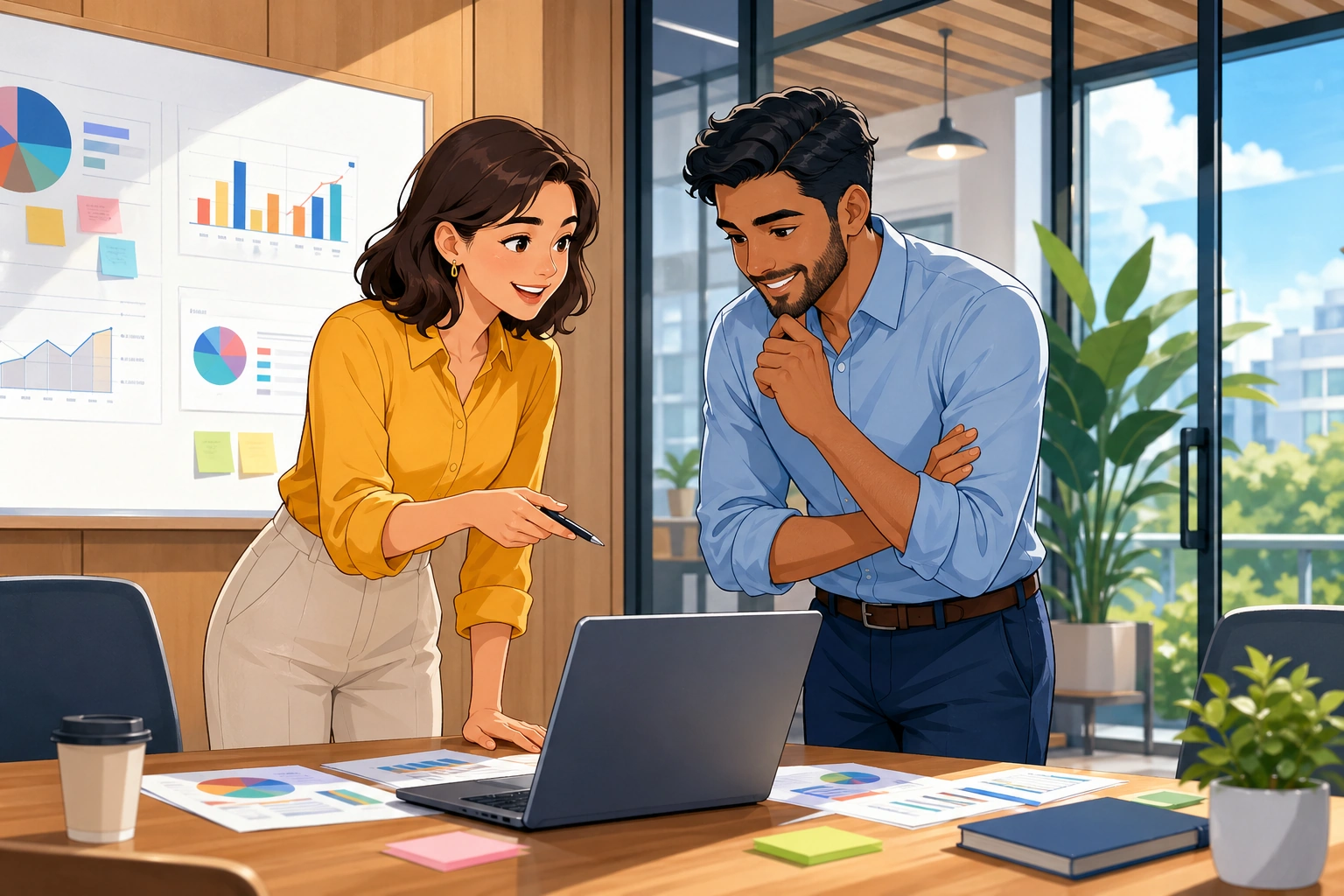 A woman and a man stand in a bright office meeting room with a laptop open on the table, looking at charts and talking through a project plan.