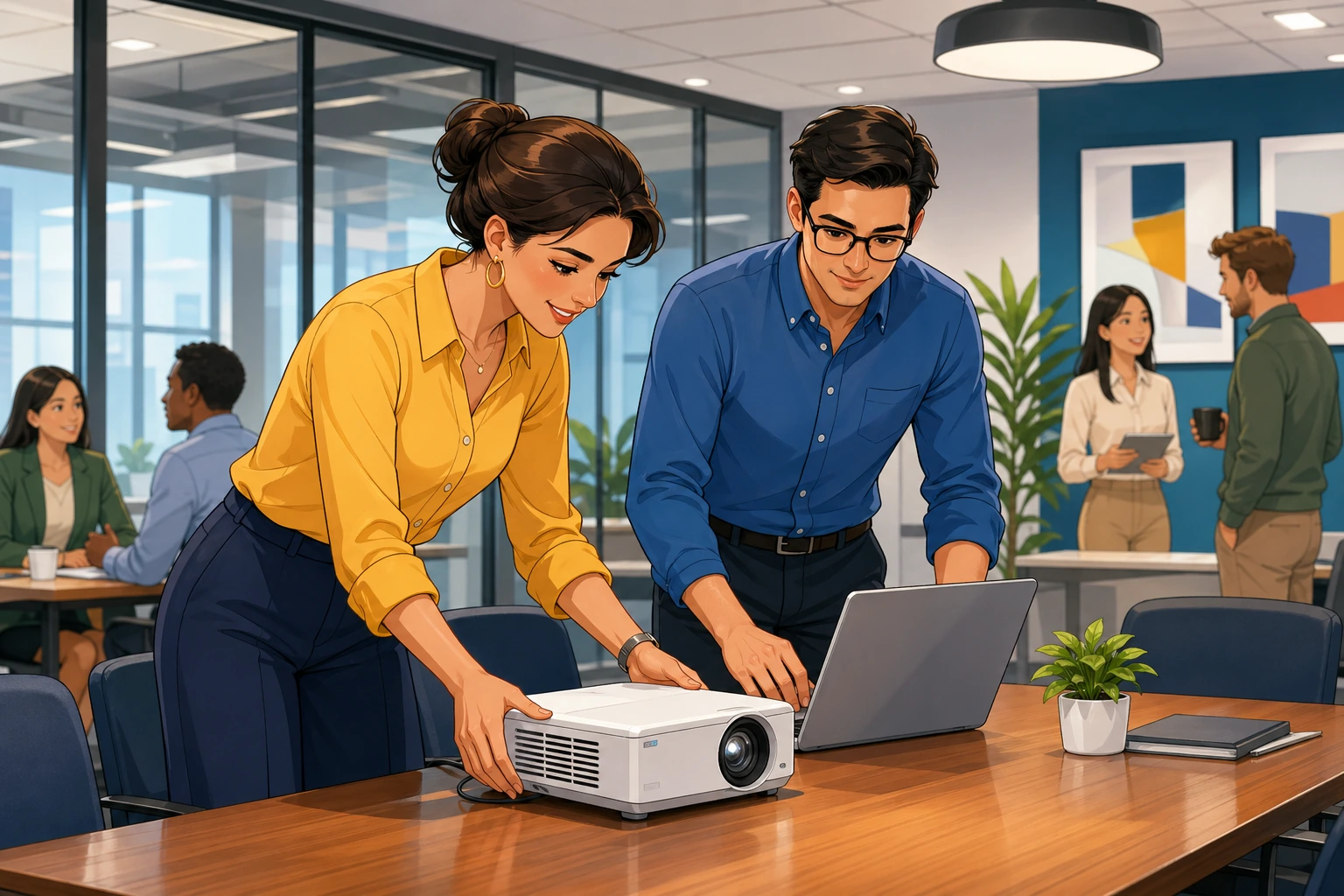A modern office meeting room with a woman arranging a projector on a table while a man checks a laptop beside her, both looking focused and ready to work.