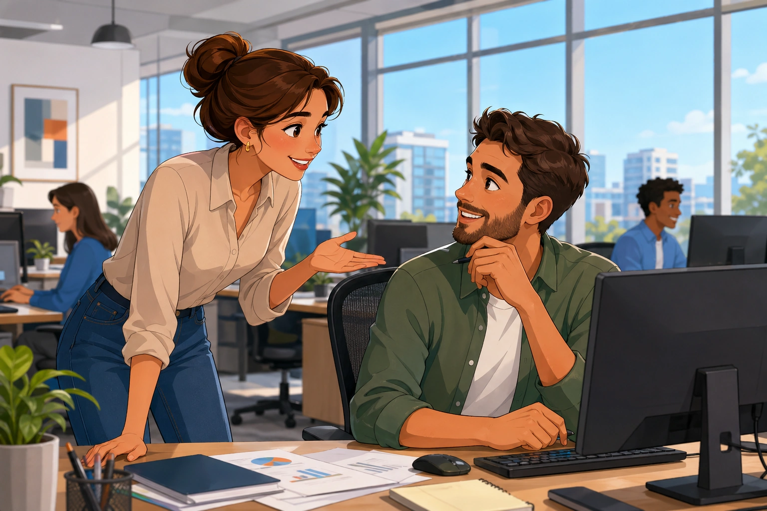 A young woman in a modern office leans toward a male coworker at his desk, while computer screens, papers, and bright daylight fill the background.