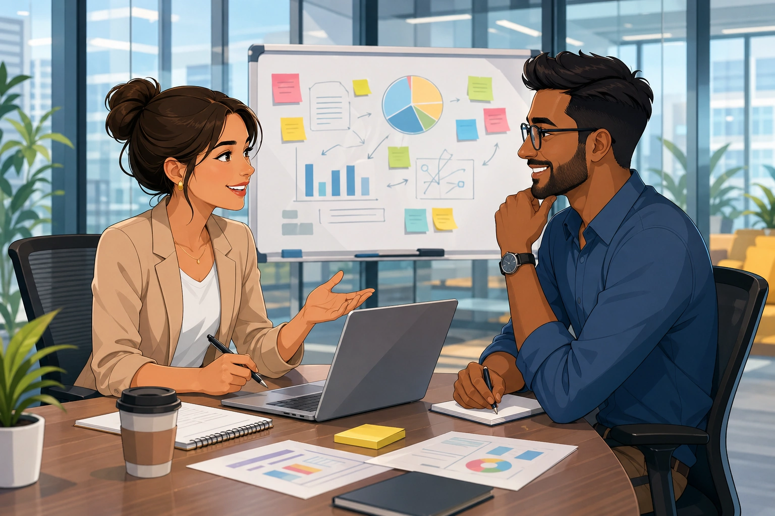 A woman in business casual sits across from a man in a glass meeting room, with a laptop, notes, and a whiteboard in the background as they discuss a project.